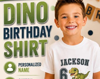 Personalisiertes Dinosaurier-Geburtstags-Shirt, T-Rex-Geburtstags-T-Shirt mit individuellem Namen und Alter, Dino-Party-T-Shirt für Jungen, prähistorisches Geburtstagsgeschenk für Kinder