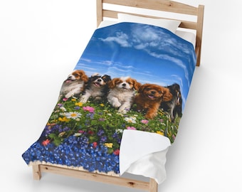 Cavalier King Charles-spaniëlpuppy's wilde bloemen bloemenfluwelen pluche deken