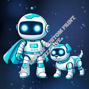 May include: Illustration of a white and blue robot with a blue cape, standing next to a robot dog. The robot has glowing blue eyes and a matching antenna. The background is a dark blue with white stars.
