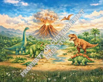 DIGITALE DOWNLOAD Aquarel schilderij prehistorische dinosaurussen op een vulkanisch eiland Print afbeelding