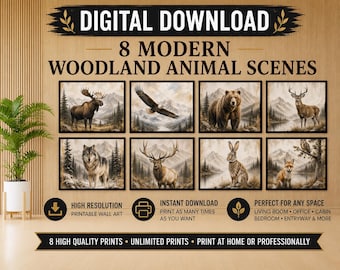 DIGITALER DOWNLOAD Druckbare Gemälde Waldtiere Wildtiere Galerie-Wand-Kunst-Set 8 Drucke Rustikale Cabin Decor Berglandschaft