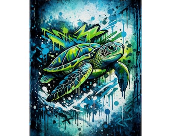 Graffiti-zeeschildpadprint: blauwgroene moderne muurkunst (opgerold)