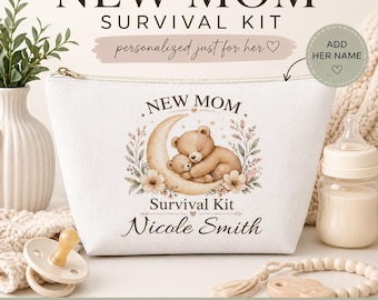 PERSONALIZED CUSTOM NAME New Mom Survival Kit Bag Postpartum Gift Baby Shower Idea Hospital Bag Essentials First Time Mom Pouch