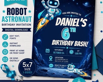 Robot Astronaut Birthday Invitation Template Editable Canva Invite Space Robot Birthday Party Invite 5x7 Digital Download Boy Birthday Card