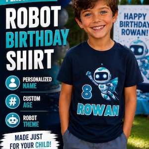 Personalized Astronaut Robot Birthday Shirt for Boys Custom Name & Age Kids Birthday T-Shirt Robot Party Shirt Outer Space Birthday Tee