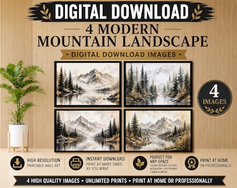 DIGITALER DOWNLOAD Druckbare Gemälde Berglandschaft Wandkunst Set von 4, Naturdrucke Neutral Cabin Decor moderne rustikale See & Berg