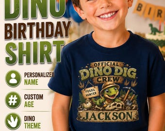 Personalisiertes Dino-Ausgrabungsteam-Geburtstagsshirt | Individuelles Fossilienjäger-Shirt | Dinosaurier-Geburtstags-T-Shirt | Personalisiertes Kinder-Paläontologie-T-Shirt mit Namen
