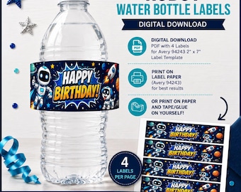 DIGITAL DOWNLOAD Robot Astronaut Water Bottle Labels Space Robot Birthday Party Decorations Decor Printable PDF 2x7 Avery 94243 Template