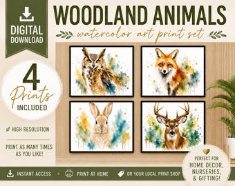 DIGITALER DOWNLOAD Aquarell Wald Tier Druck Set von 4 Kinderzimmer Wand Kunst Fuchs Eule Kaninchen Reh druckbare Waldtiere Dekor Kinderzimmer Kunst