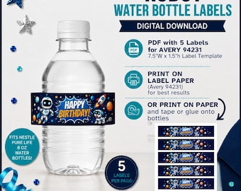 DIGITAL DOWNLOAD Robot Astronaut Mini 8OZ Water Bottle Labels Space Birthday Party Decorations Printable PDF 1.5x7.5 Avery 94231 Template
