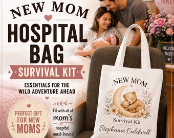 Personalisierte Krankenhaustasche für werdende Mütter, Geschenk zur Babyparty mit individuellem Namen, Überlebensset für werdende Mütter, Leere Wickeltasche, Geschenk für frischgebackene Mütter, 3 Größen
