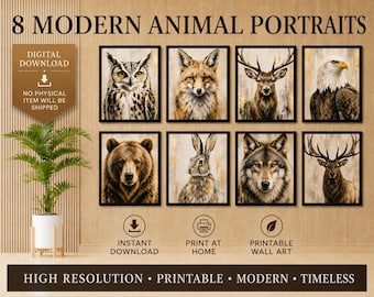DIGITALER DOWNLOAD Druckbare Waldtier Wand Kunst Bilder Moderne Wildtier Drucke Neutrale Wald Dekor Bär Fuchs Eule Elch Wolf Adler