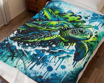Pluche deken zeeschildpadgraffiti: blauwgroen plaid met moderne kunst