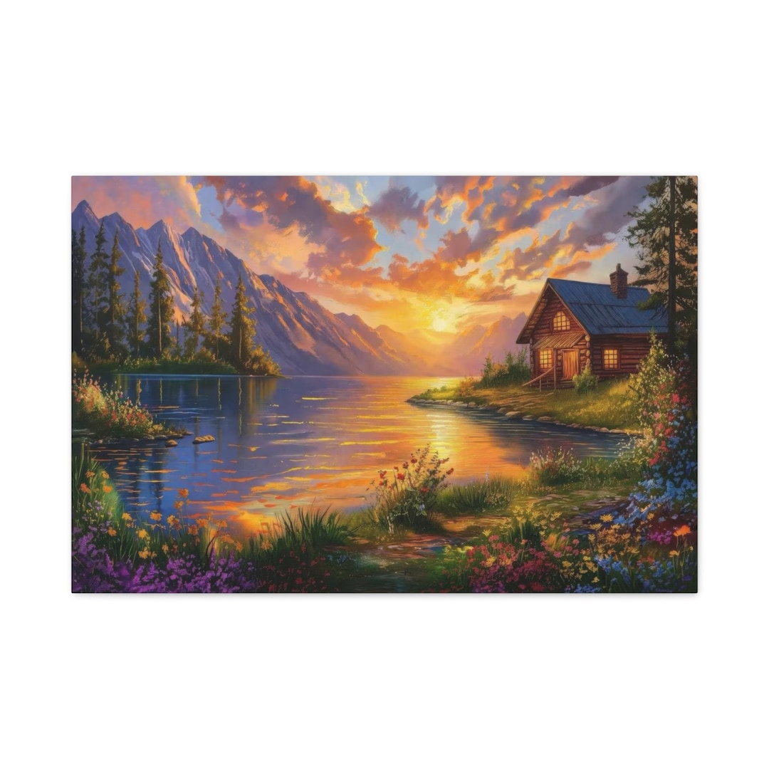 Sunset Lake Cabin Canvas Art, Mountain Landscape Print, Rustic Nature ...