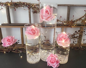 Set of 3 Rose Wedding Centerpiece LED Lights Submersible Floral Glass Cylinder Vases for Table Decoration Housewarming Gift Wedding Decor