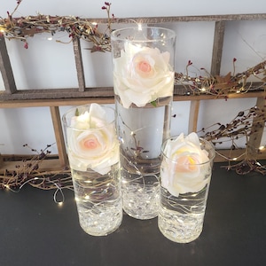 Set of 3 - Rose Wedding Centerpiece LED Lights Submersible Floral Glass Cylinder Vases for Table Decoration Wedding and Party Decor