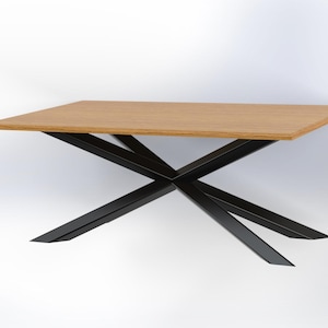 May include: A wooden table top with a black X-shaped base. The table top is light brown and the base is made of metal.
