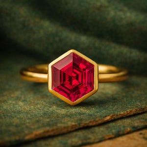 Hexagon Cut Red Ruby Engagement Ring Art Deco Rose Gold Ring Anniversary Bridal Bezel Set Split Shank Ring Promise Jewelry Birthday Gifts