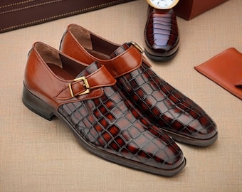 Men's Handmade Burgundy and Tan Crocodile Texture Leather Formal Oxford Monk Dress Shoes
