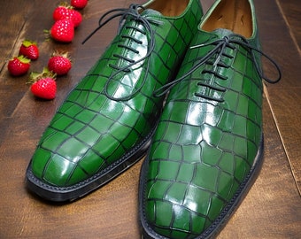 Sophisticated Style: Men's Handmade Green Crocodile Texture Leather Formal Oxford Dress Shoes