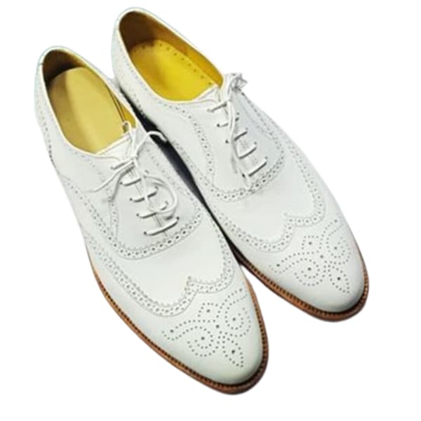 Men's Formal Leather Shoes White Leather Lace Up Stylish Wing Tip Dress Casual Shoes