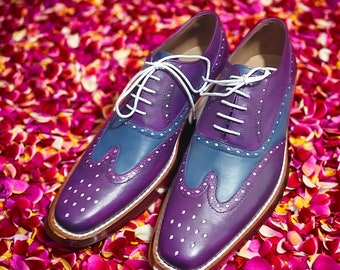 New Men's Handmade Purple & Blue Leather Lace Up Stylish Wing Tip Dress Formal Wear Shoes gift for men