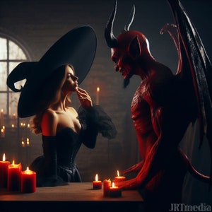 May include: A dramatic scene featuring a woman in a black witch hat and corset, facing a red demon with horns and wings. Lit by candlelight, the image evokes a gothic or fantasy theme, with a dark and mysterious atmosphere.