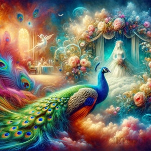 Pode incluir: Uma pintura vibrante de um pavão com penas iridescentes azuis, verdes e douradas. O pavão está em pé em uma paisagem de sonho com nuvens e flores. Uma figura branca com um vestido de noiva é visível no fundo.