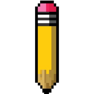 Puede incluir: Un lápiz amarillo pixelado con una goma de borrar rosa y rayas negras. El lápiz está afilado y tiene una punta de madera.