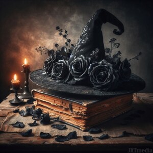Pode incluir: Um chapéu de bruxa preto adornado com rosas negras e folhagens repousa sobre um livro antigo com páginas envelhecidas. Duas velas acesas em castiçais ornamentados ladeiam o livro, criando um ambiente místico. Pétalas de rosa pretas espalhadas.