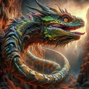 May include: A colourful, textured dragon with green, blue, and brown scales is curled around a rock formation. The dragon has a large, open mouth with sharp teeth and a long, forked tongue.