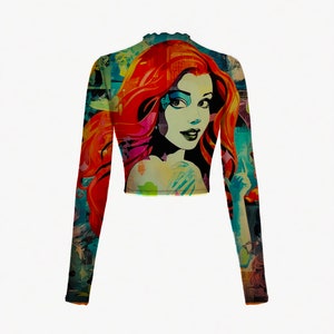 Little Mermaidcore Women&#39;s Mesh Crop Lettuce Hem Sheer Long Sleeve Top