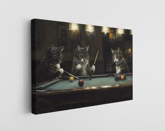 Canvas Print, Gingham Wall Decor, Black White Gingham, Cats Playing Billiards Artwork, Handcrafted Stylish Hanging, Unique Gift Idea
