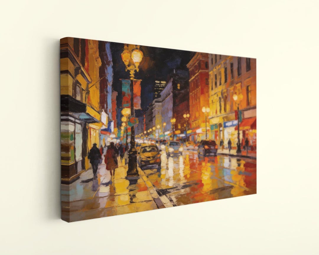 City Night Oil Painting Rainy Street Scene Urban Impressionist Decor ...
