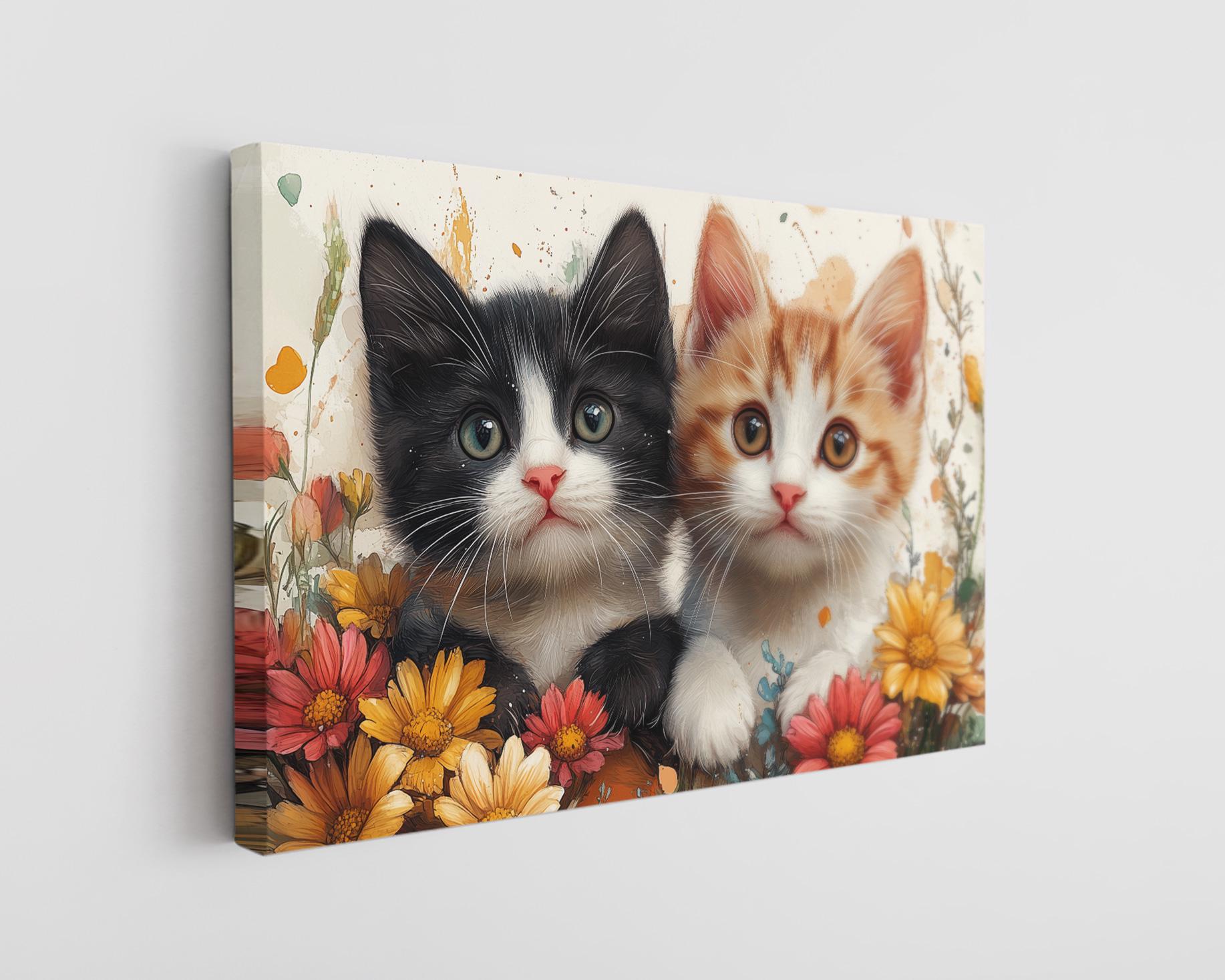 Adorable Kittens Art, Flower Canvas, Cat Wall Print, Charming Pet Artwork, Vibrant Floral Scene, Bright Room Decoration, Eco Friendly Gift