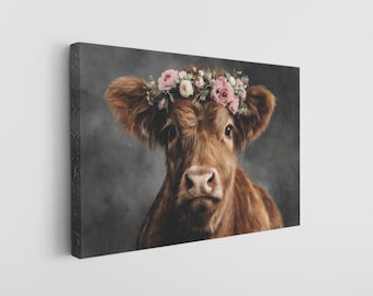 Farmhouse Animal Portrait Decor Gift For Her, Wall Art, Personalized Gift, Rustic Highland Cow Canvas Print with Pink Flowers,