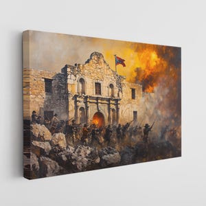 May include: A painting depicting a historical battle scene at the Alamo. The Alamo, a stone building with a flag flying above, is surrounded by smoke and soldiers in the foreground.