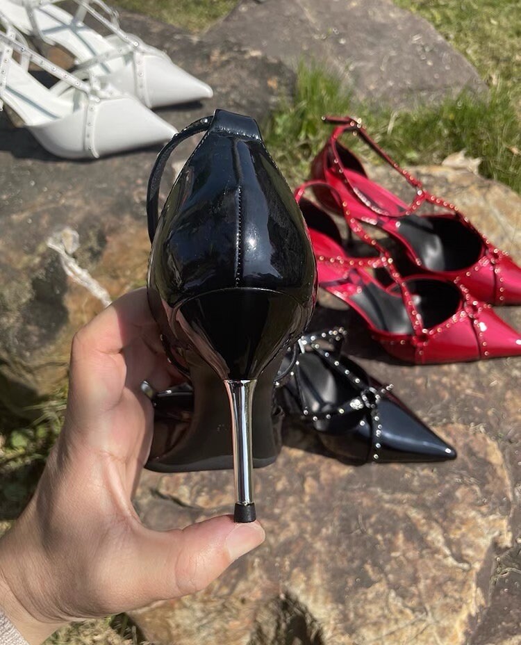 Buy Red Femme Fatale Stiletto Heels With Studded Straps