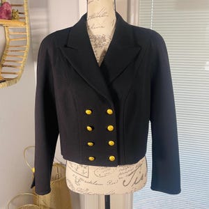 ESCADA Margaretha Ley Vintage 80’s Black Cropped Wool Gold Crest Button Jacket Size 42 / US Large