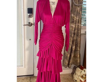 Tadashi Vtg 80’s Extreme Ruched Tier Ruffle Big Shoulder Pad Mob Boss Dress Sz 8 Pink Made USA
