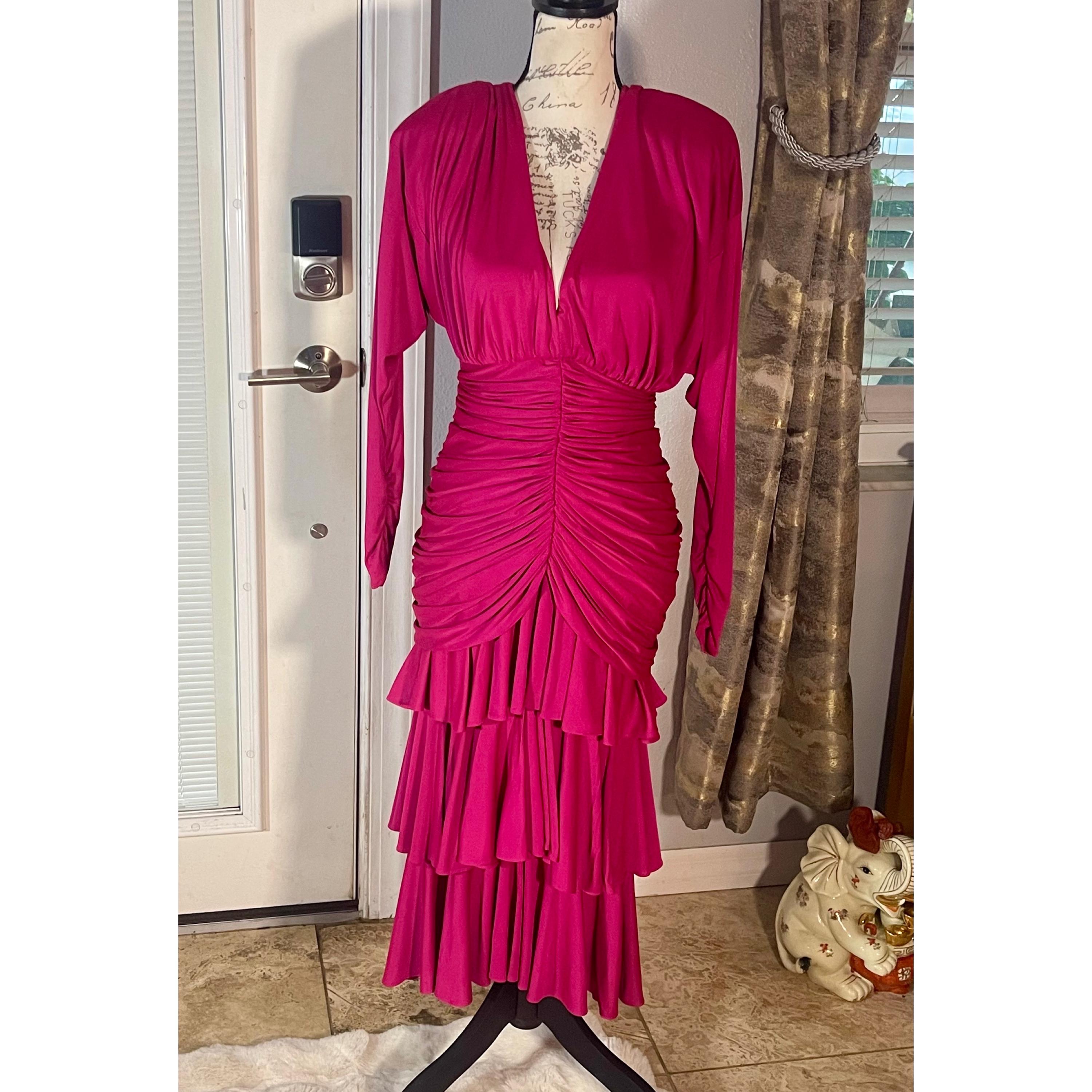 Tadashi Vtg 80's Extreme Ruched Tier Ruffle Big Shoulder Pad Mob Boss Dress  Sz 8 Pink Made USA - Etsy