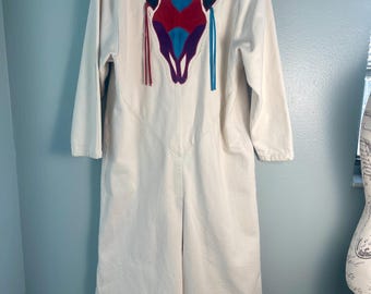 Pioneer Wear Vintage 90’s Southwest Western Bull Head Suede Patchwork Denim Duster Ivory Made USA