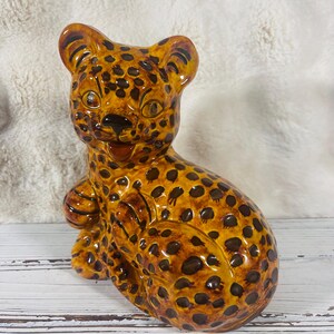 Vintage Molded Glazed Ceramic Baby Leopard Cheetah Cub 8&quot; Animal Figurine Statue
