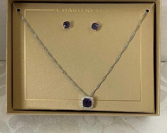 Charter Club Silver Tone Purple Crystal 18”+ Pendant Necklace & Stud Earring Set New