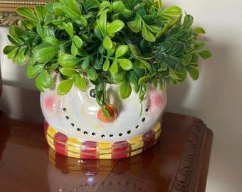 Iridescent Finish Snowman Head Planter w/hanger Dish/Bowl with removable Fake Plant