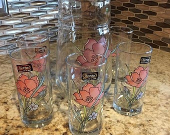 Vintage Pasabahce Pitcher & Five Glasses Set, Floral Design from Turkey