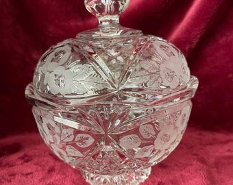 Vintage Large Crystal Heavy Footed Bowl Candy Dish With Lid
