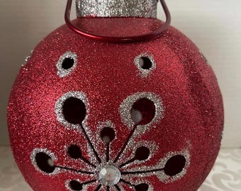 Red Glitter Snowflake Christmas Lantern Tea Light Holder (Tabletop/Hanging)