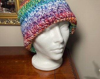 Crochet Beanie Hat Rainbow Multicolor Handmade Fits Adults & Teens Unisex