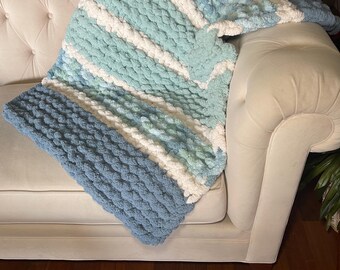 Hand Knitted Chenille Throw Blanket: Blue Ivory Stripes, Soft Warm Lap or Baby Blanket